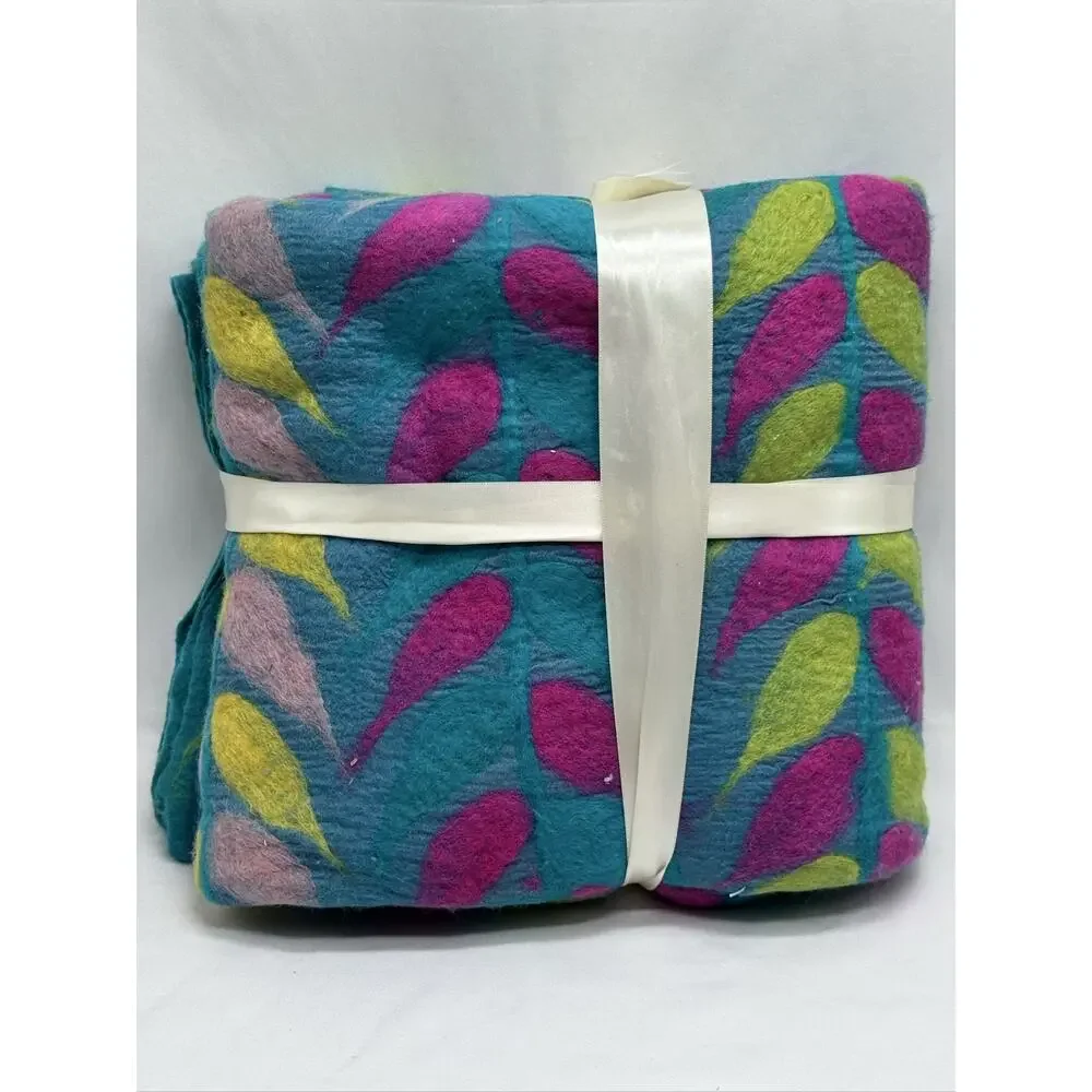 World Traveler Collection Felted Wool Blanket 40x60 Teal Pink Yellow Leaf Nepal